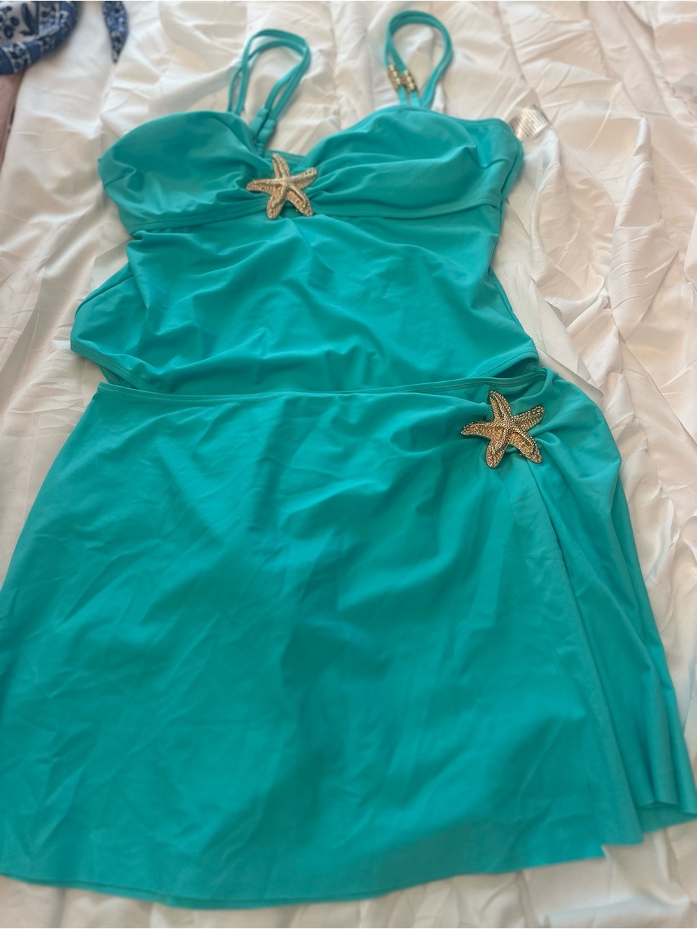 SHEIN Teal Starfish Embellished Swim suit and swim skirt separate pieces